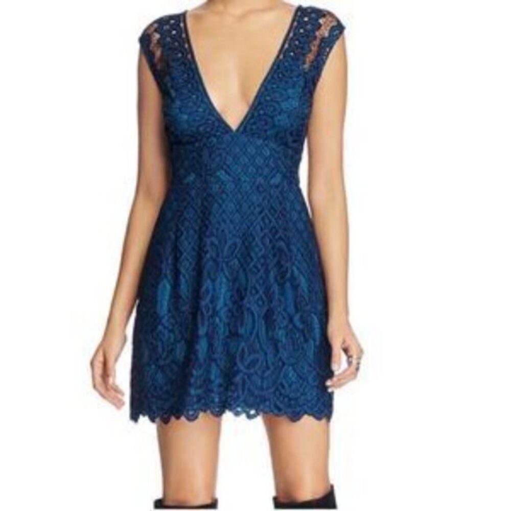 Free People Womens Navy Blue One Million Lovers Sleeveless Lace Mini Dress 2